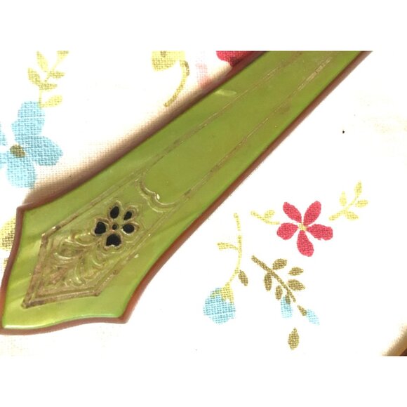 Vintage Vanity Brush & Mirror Set – Green Pearloid Dresser Duo with Gold Trim | - Picture 5 of 10